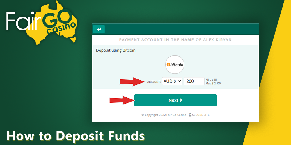 Instruction on how to deposit at Fair Go